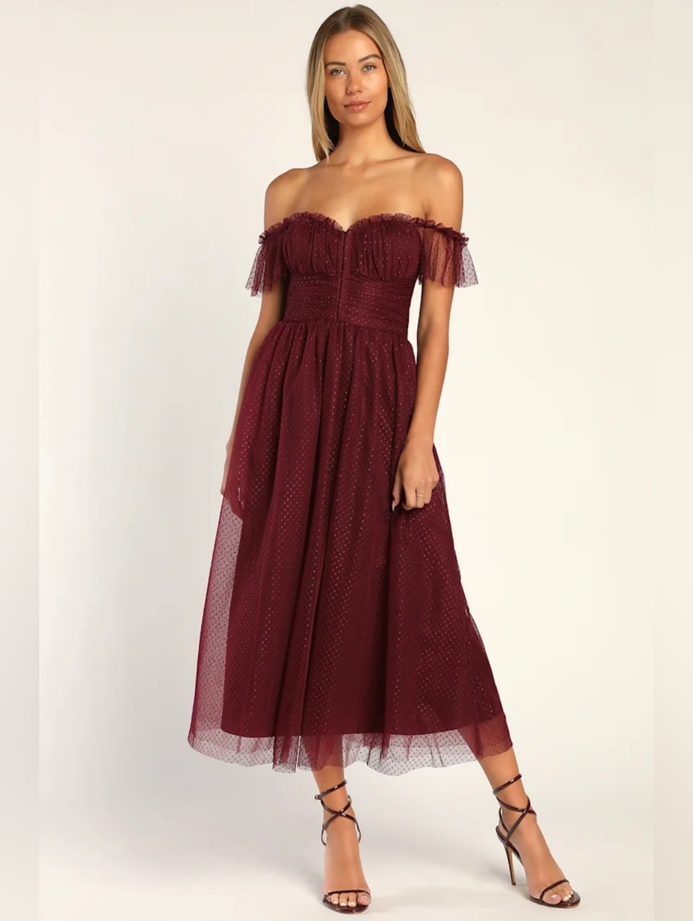 Lulus Regal Radiance Burgundy Mesh Bustier Midi Dress NWT